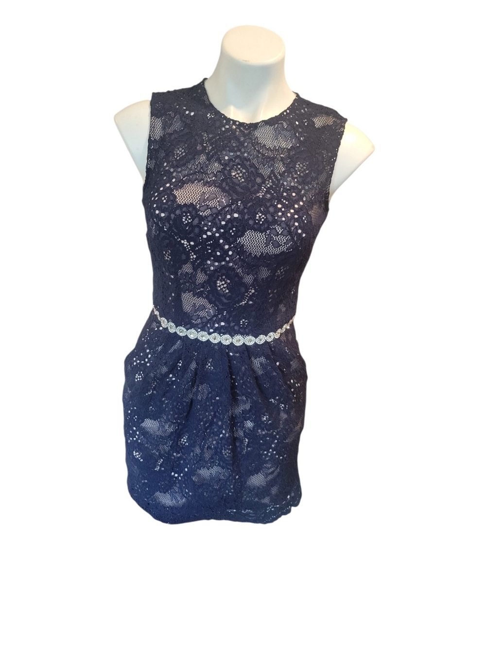 City Triangles Navy Lace Mini Dress with Decorative Waist
